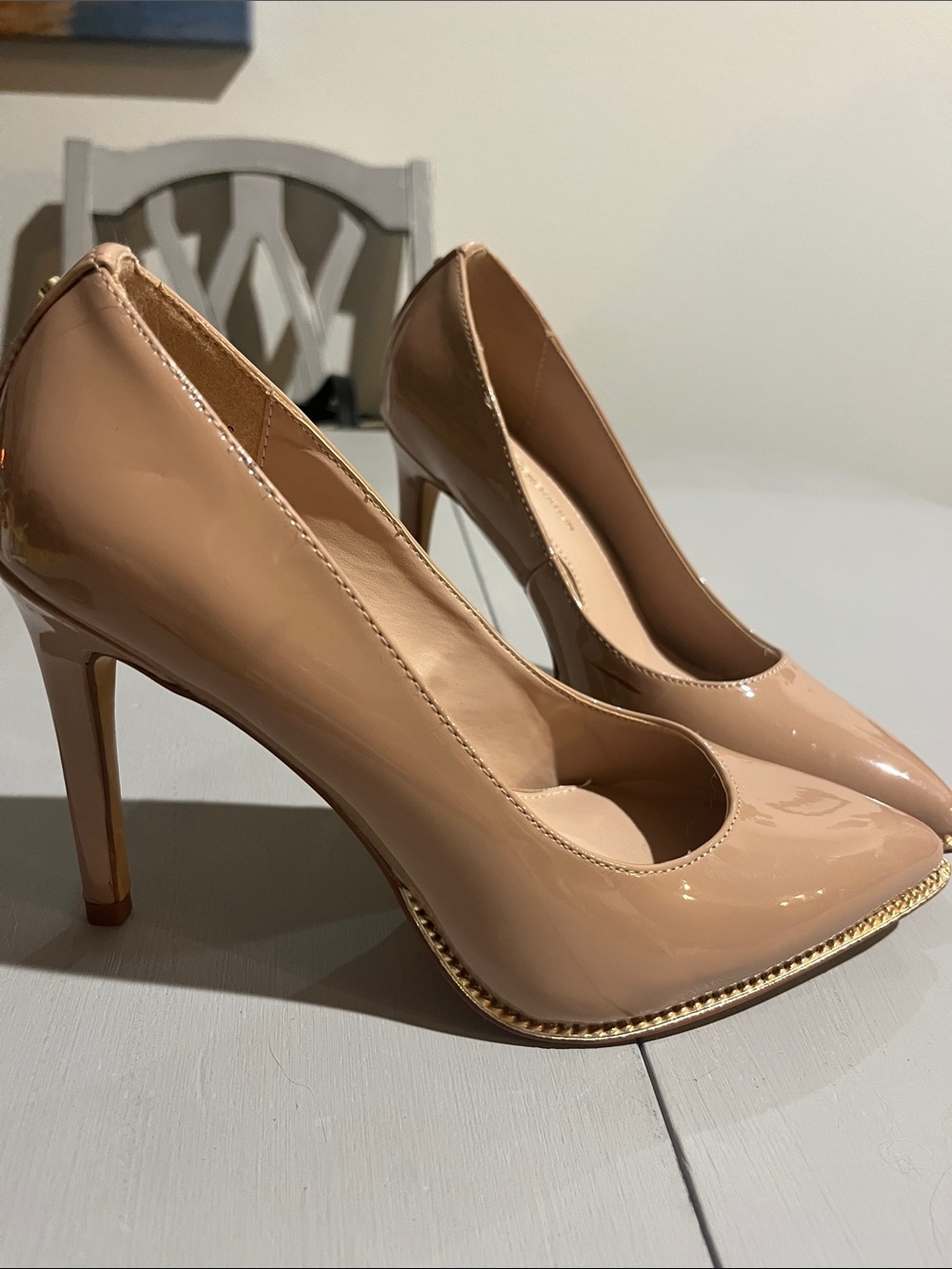 BCBGeneration Nude Patent Stiletto Pumps with Gold Accent